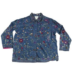 Vtg The Quacker Factory Denim Button Shirt 1X Cottagecore Butterfly Floral READ
